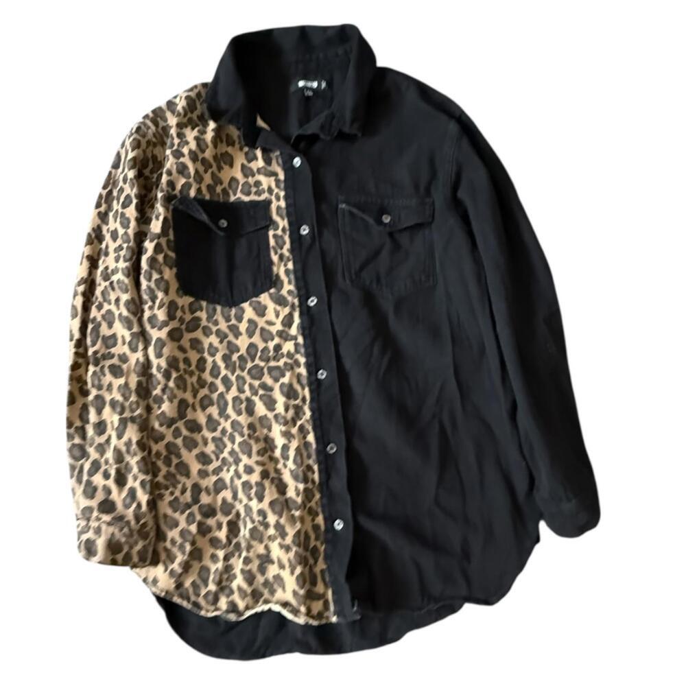 Missguided Black & Leopard Print Button-Up Shirt … - image 1